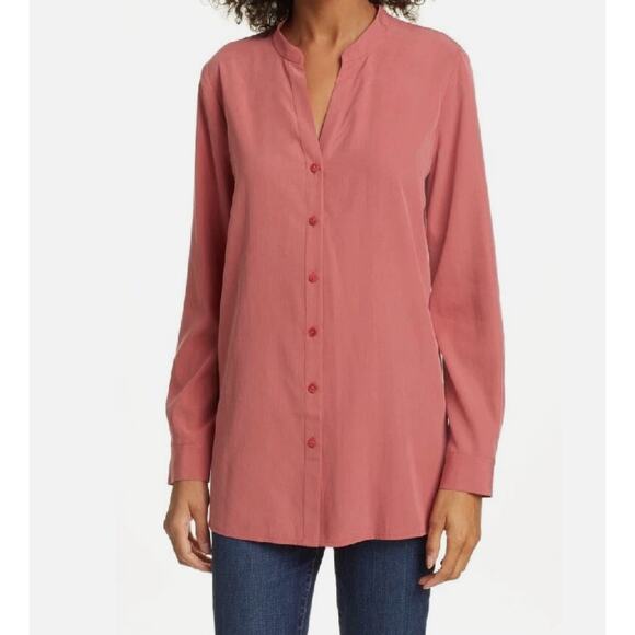 Eileen Fisher Sand Washed Button Tunic Long Sleeve Sz Lrg Chutney Pink Lagenlook - Picture 1 of 12